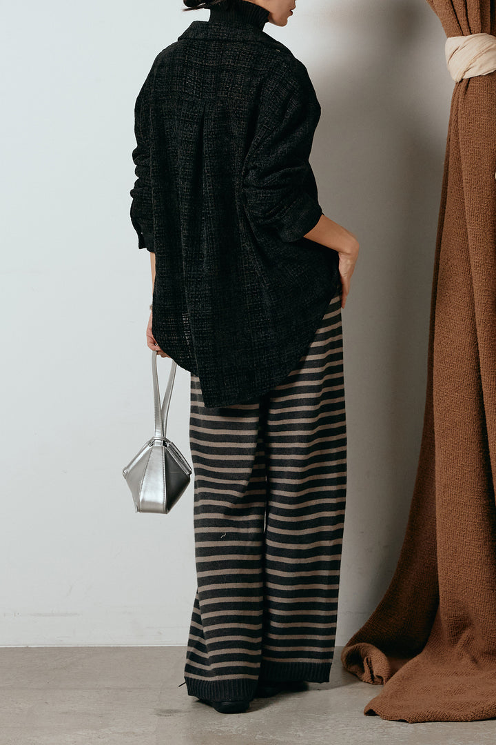 [SET]ルーズクラッシュツイルシャツ+リブニットシームレスタートルプルオーバー+ボーダーリラックスニットパンツ(3set)