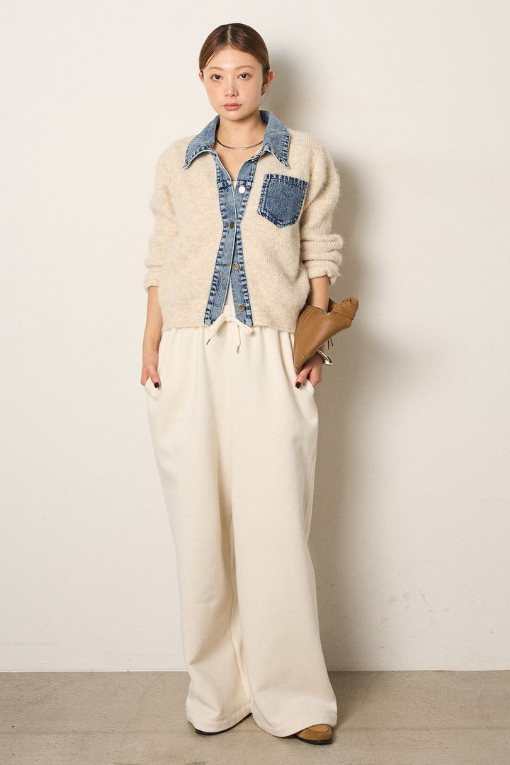 [SET]襟付きデニム切替ニットカーディガン+裏起毛スウェットワイドパンツ(2set)