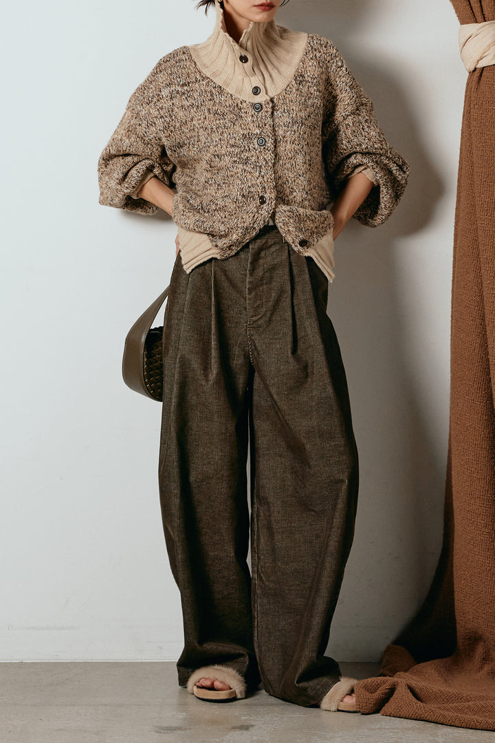 [SET]ハイネックミックスニットカーディガン+フロントタック入りコーデュロイパンツ(2set)