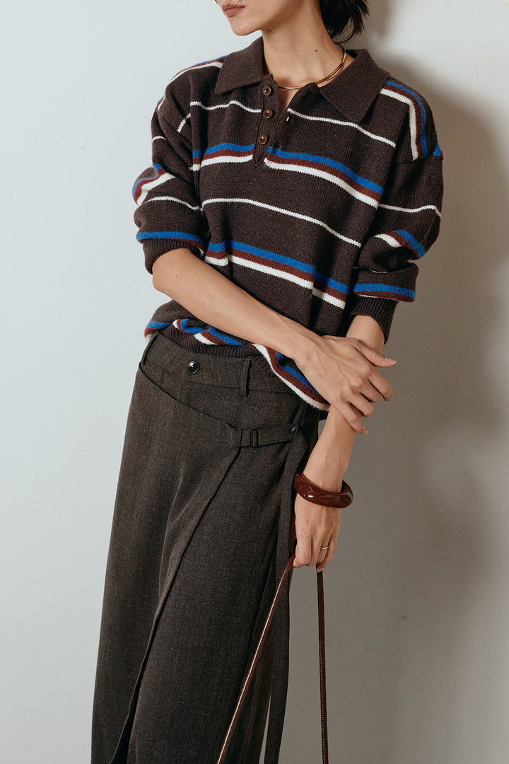 [SET]襟付きマルチボーダーニットポロトップス+ラップ巻きワイドスラックス(2set)