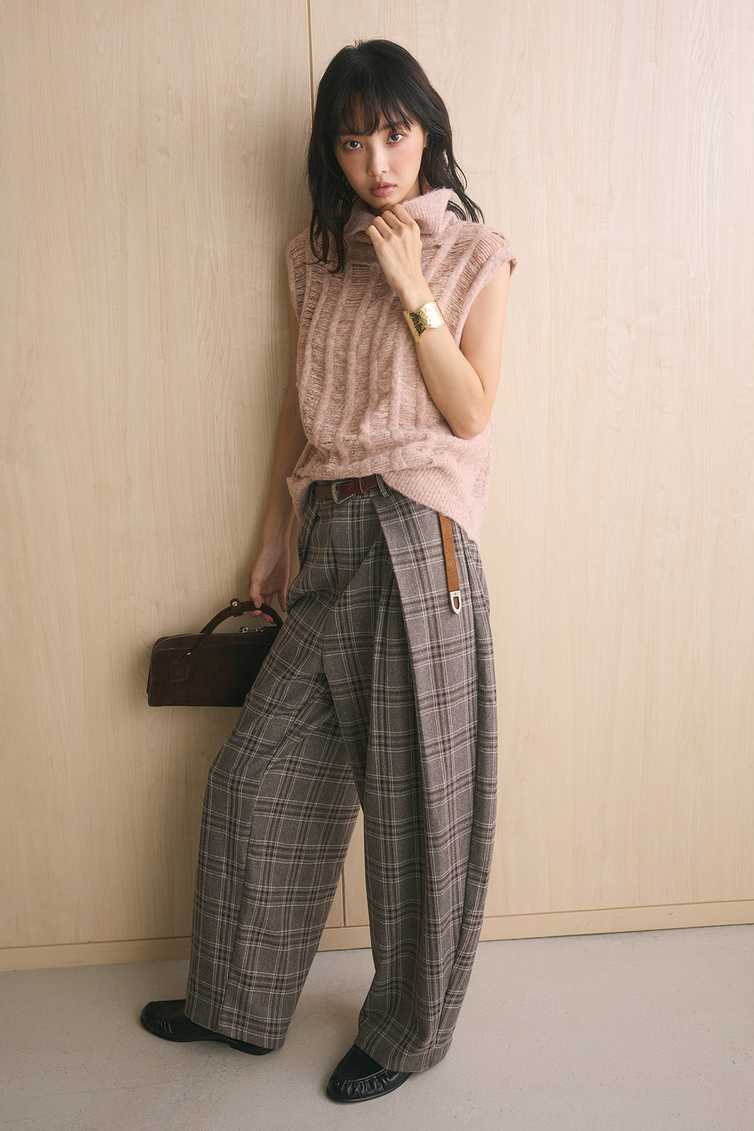 [SET]ハイルーズタートル透かし編みニットベスト+ブリティッシュチェックバレルパンツ(2set)