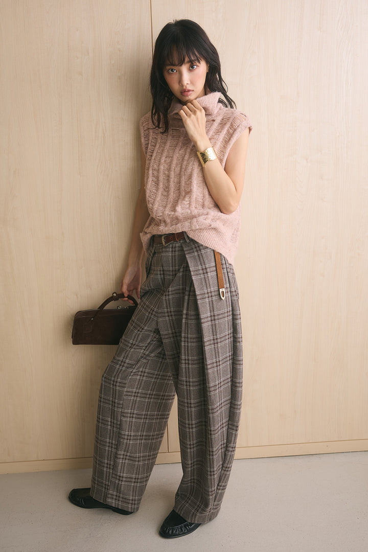 [SET]ハイルーズタートル透かし編みニットベスト+ブリティッシュチェックバレルパンツ(2set)