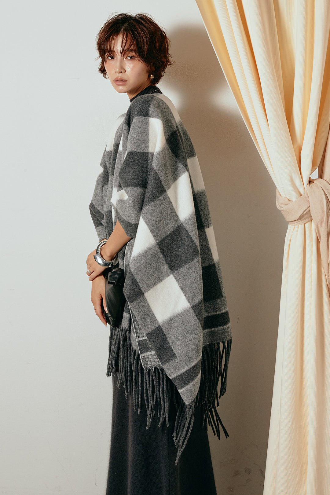 [SET]裾フリンジ柄ポンチョアウター+ノースリーブニットロングワンピース(2set)