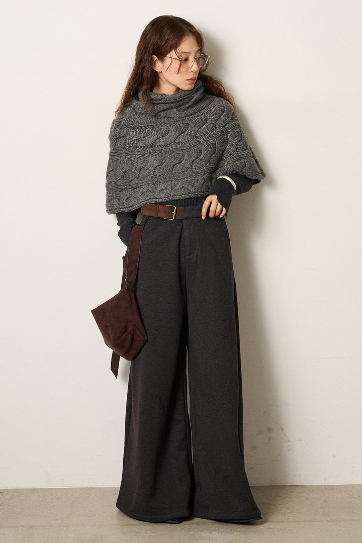 [SET]ケーブル編みケープレイヤードニット+サイドベルトパンツ(2set)