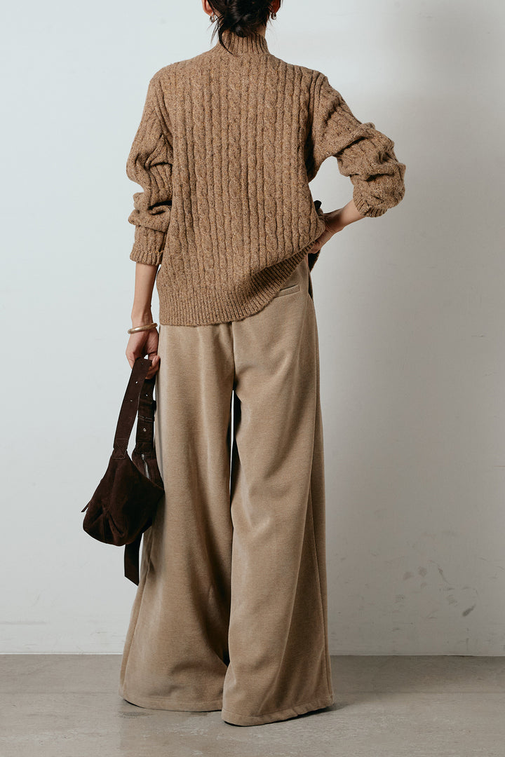 [SET]ボトルネックケーブルニットカーディガン+ベルトループコーデュロイワイドパンツ(2set)