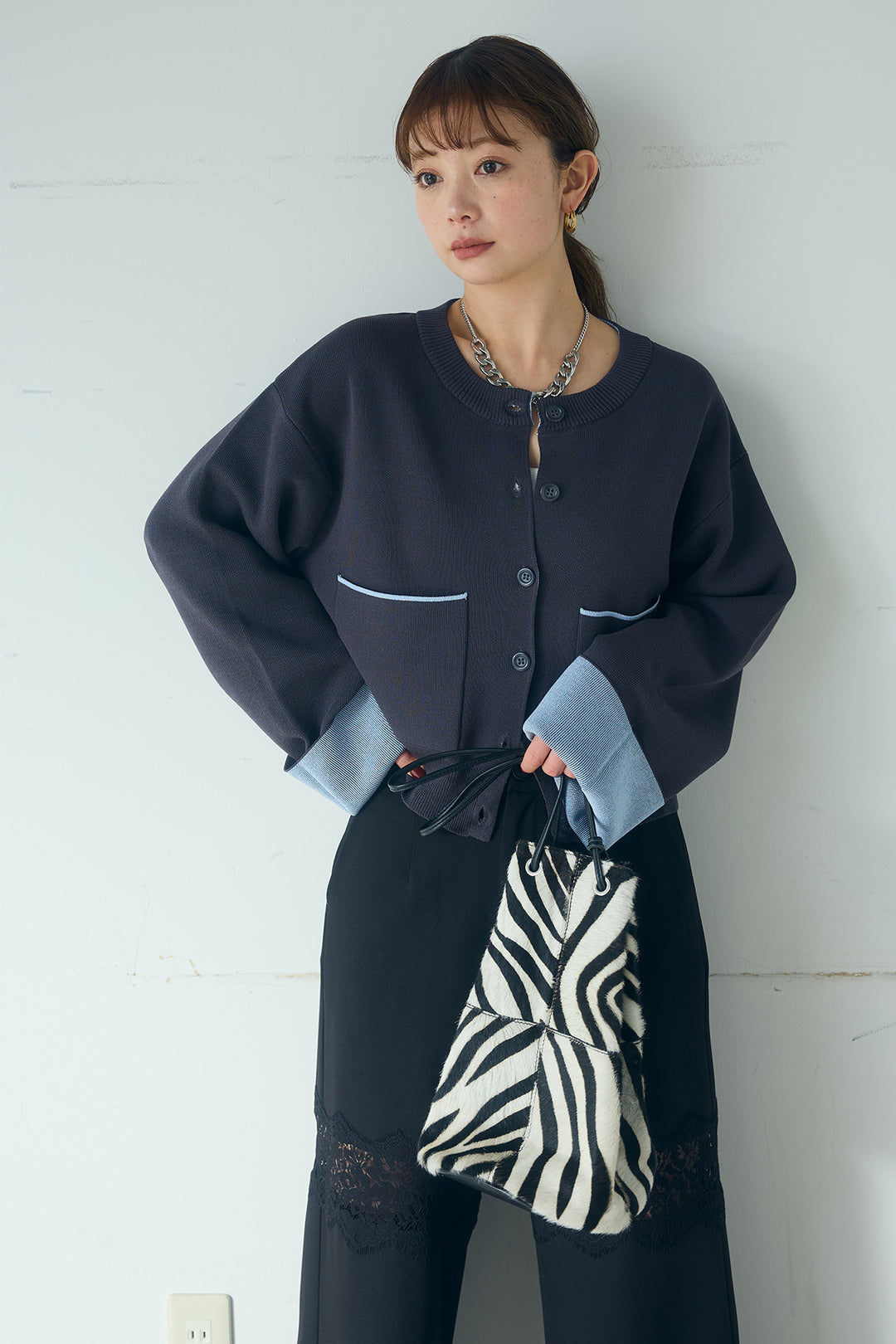 [SET]レーヨンポリダブルフェイスカーディガン+レース刺繍切替ワイドパンツ(2set)