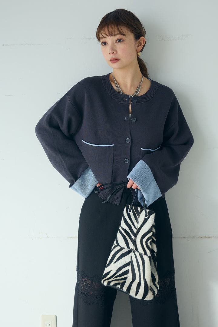 [SET]レーヨンポリダブルフェイスカーディガン+レース刺繍切替ワイドパンツ(2set)