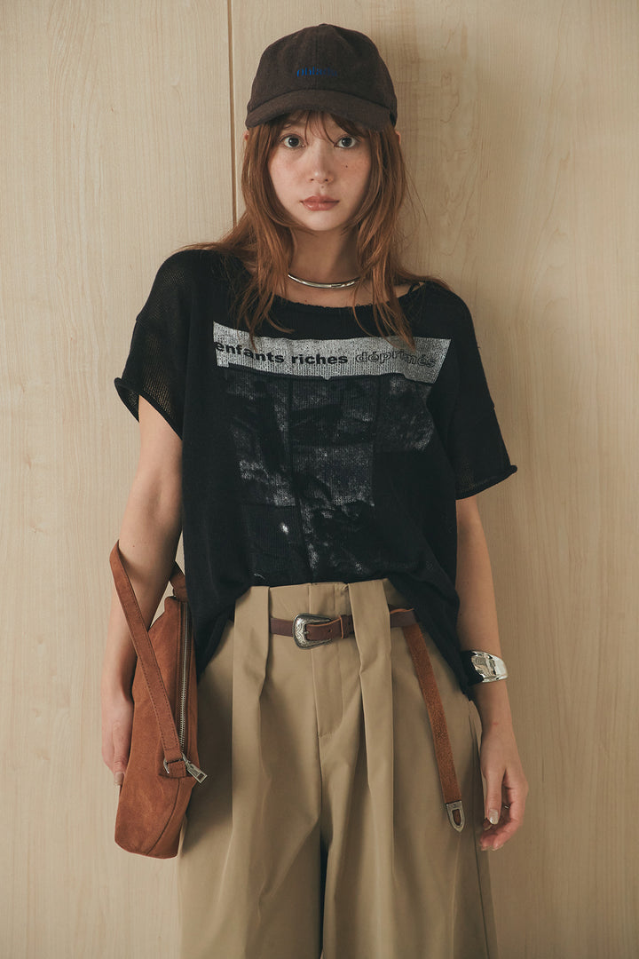 [SET]半袖モノトーングラフィックトップス+ベルトループデザインハイウエストタックパンツ(2set)