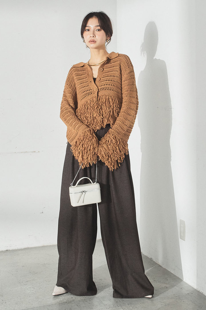 [SET]メッシュフリンジカーディガン+編みベルト付きウエストタックワイドパンツ(2set)