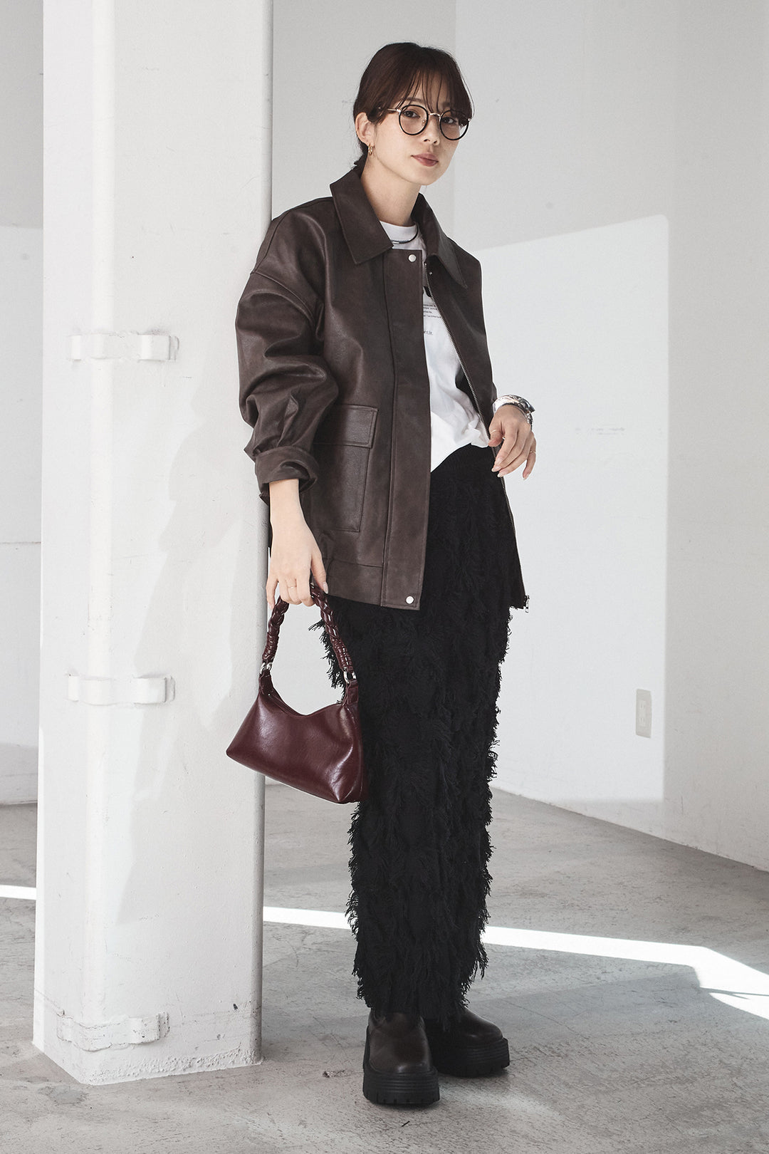 [SET]レザーライクオーバーサイズブルゾン+カットフリンジニットタイトスカート(2set)