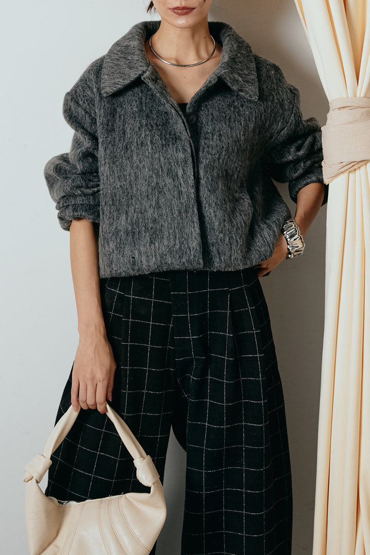 [SET]シャギーショートジャケット+スクエアチェック柄ワイドパンツ(2set)