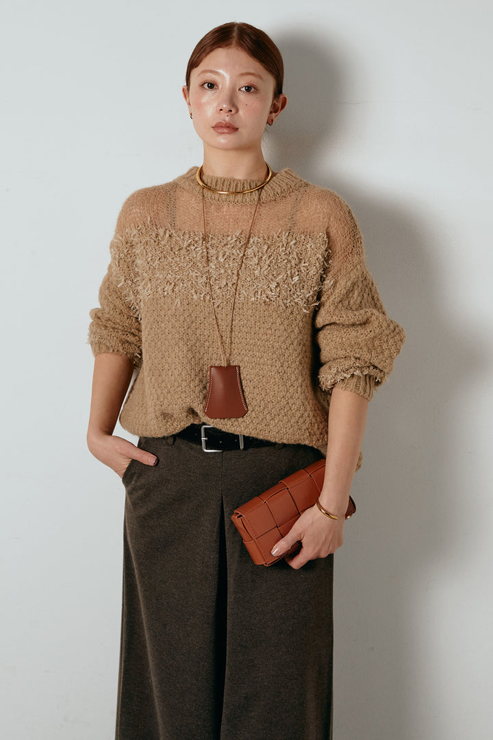 [SET]パターンランダム編みニットトップス+ベルト付きフロントタックデザインパンツ(2set)