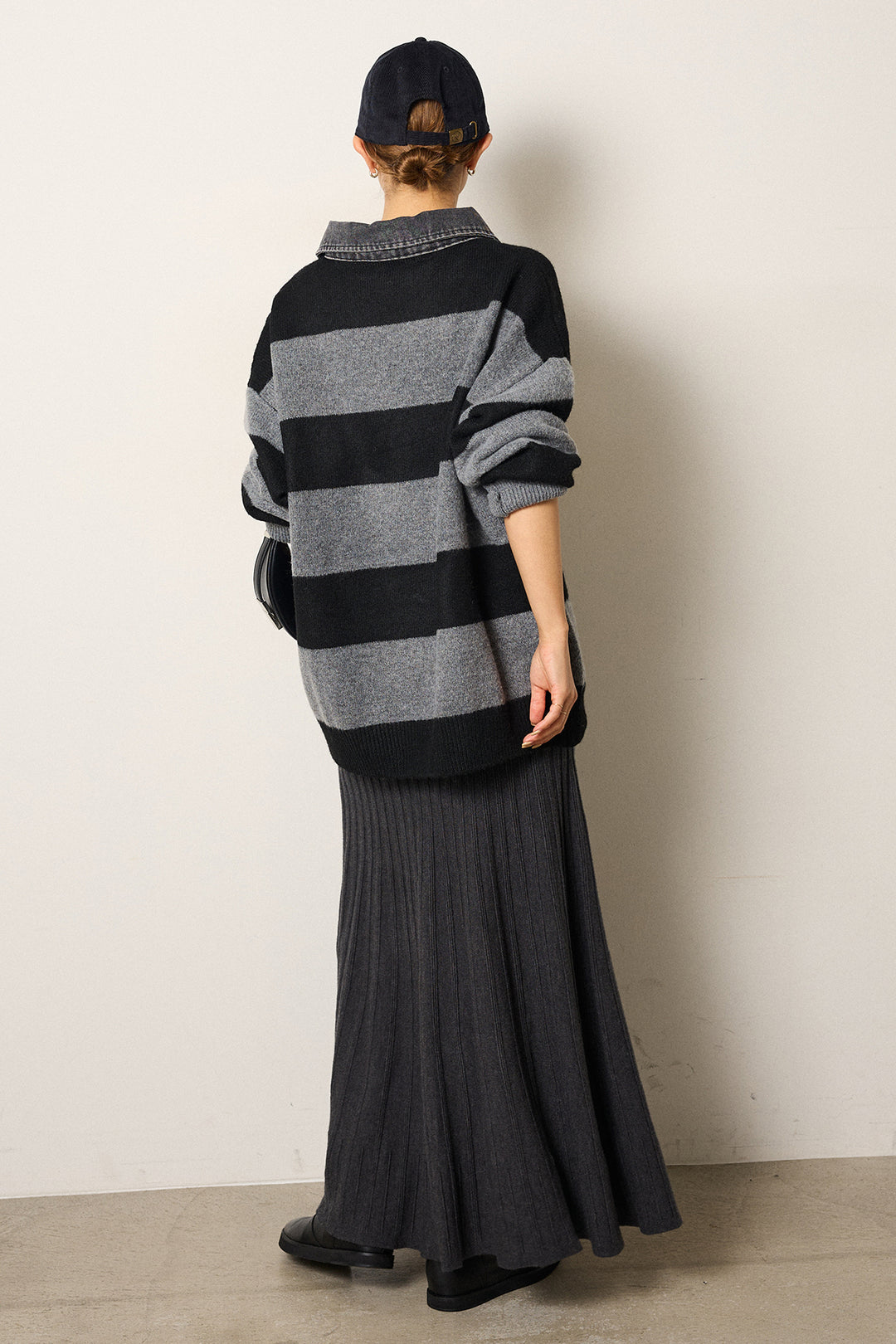 [SET]デニムカラーボーダールーズニット+編み地切り替えフレアニットスカート(2set)