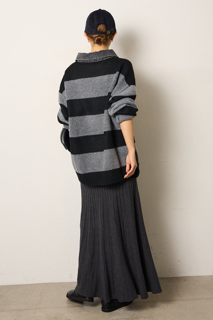 [SET]デニムカラーボーダールーズニット+編み地切り替えフレアニットスカート(2set)