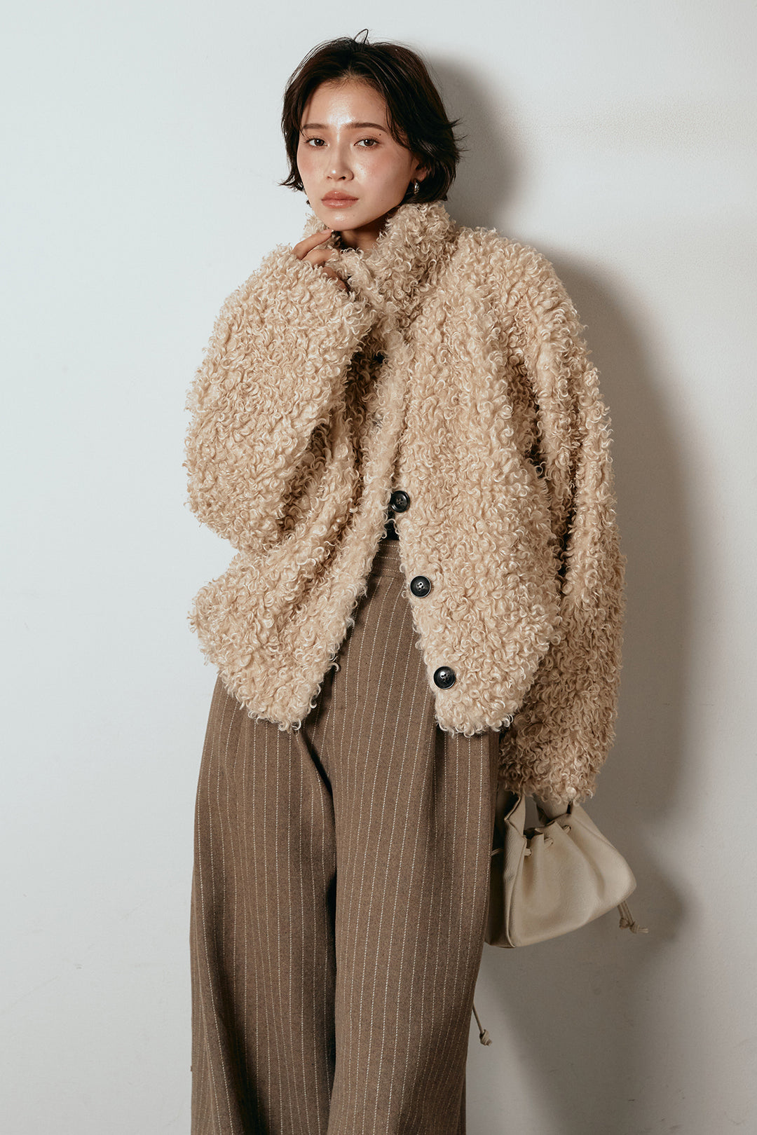 [SET]プードルファーミドルジャケット+ウールライクストライプパンツ(2set)