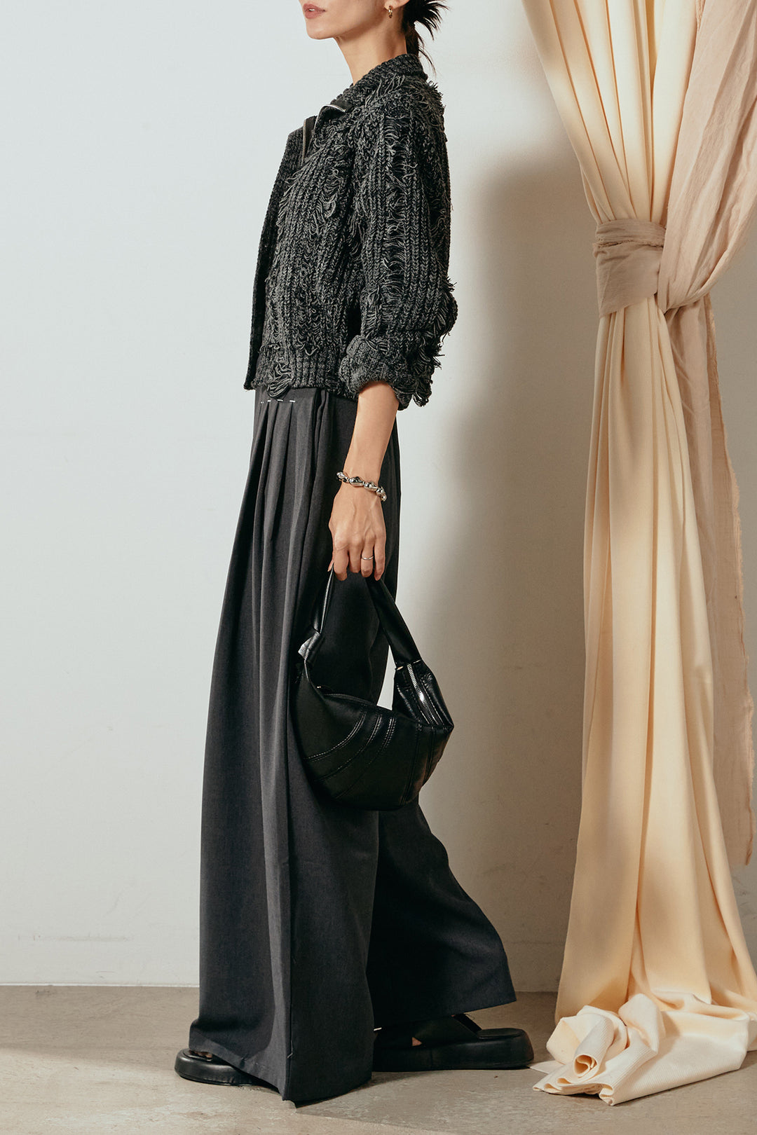 [SET]ハイネックフリンジジップニットトップス+ウエストステッチデザインワイドスラックス(2set)