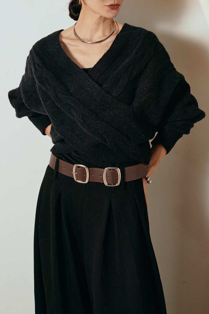 [SET]ケーブルカシュクールニットトップス+フェイクレザー太ベルト付きタックワイドパンツ(2set)