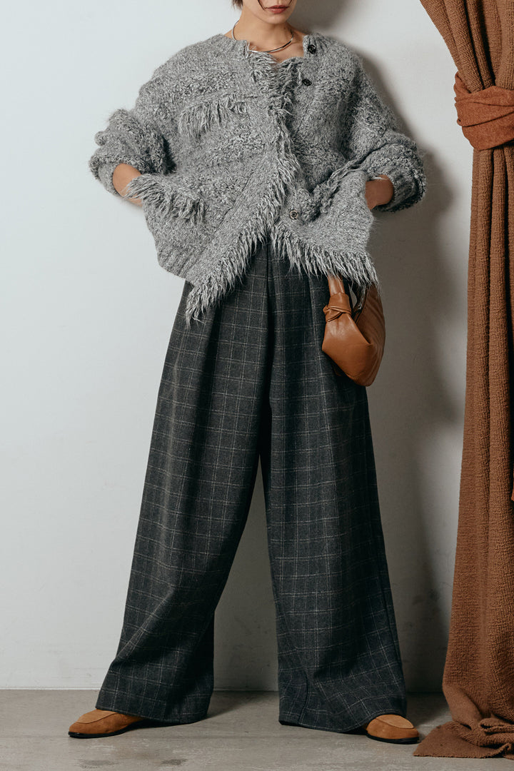 [SET]フリンジニットカーディガン+ウールライクチェックタックパンツ(2set)