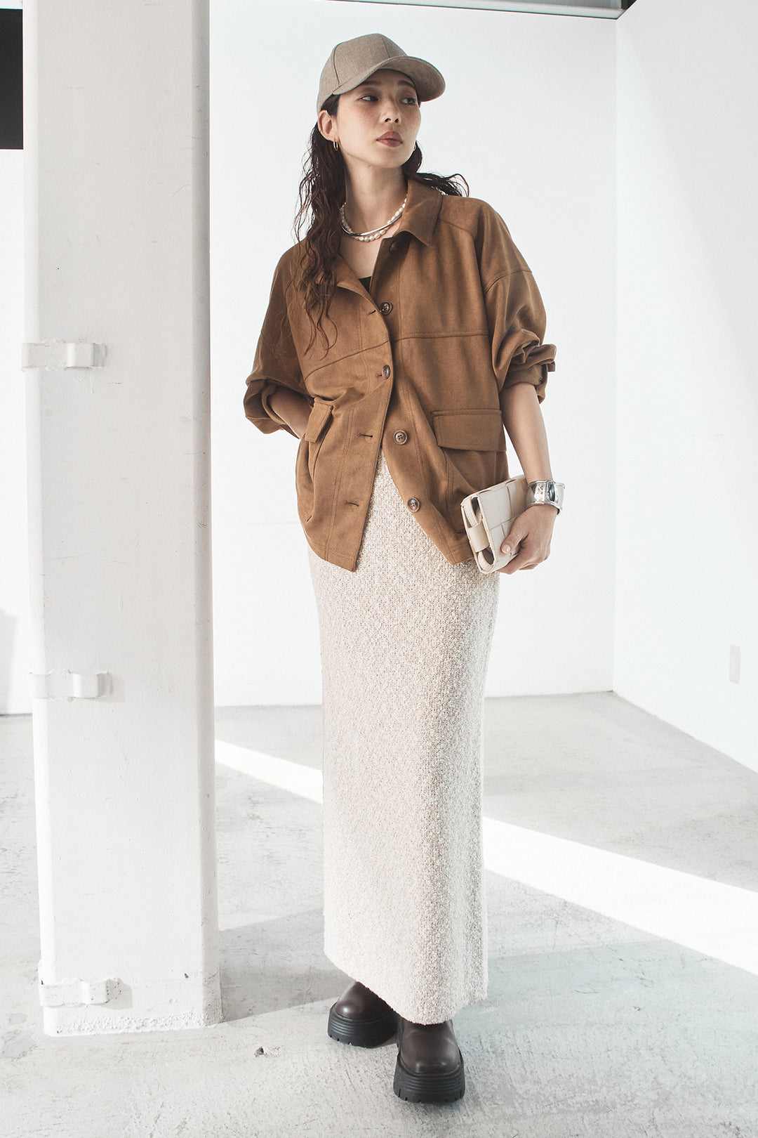 [SET]デカポケスエポンジャケット+ツイード風MIXスラブスカート(2set)