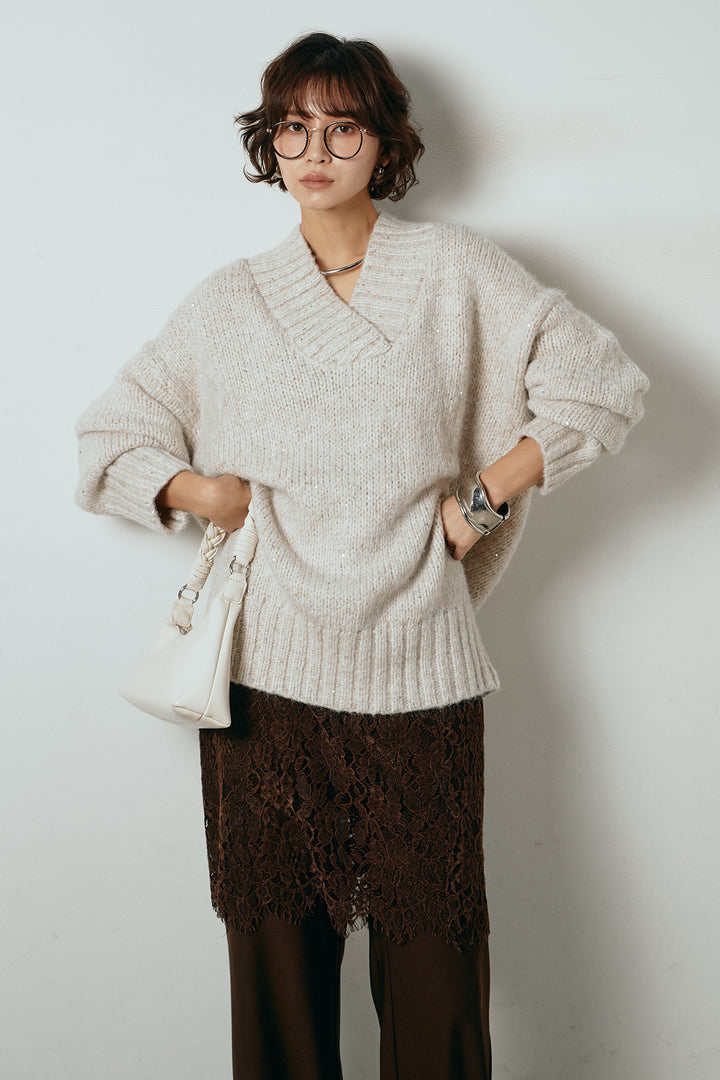 [SET]Vネックラメニットトップス+レース刺繍レイヤードフレアパンツ(2set)