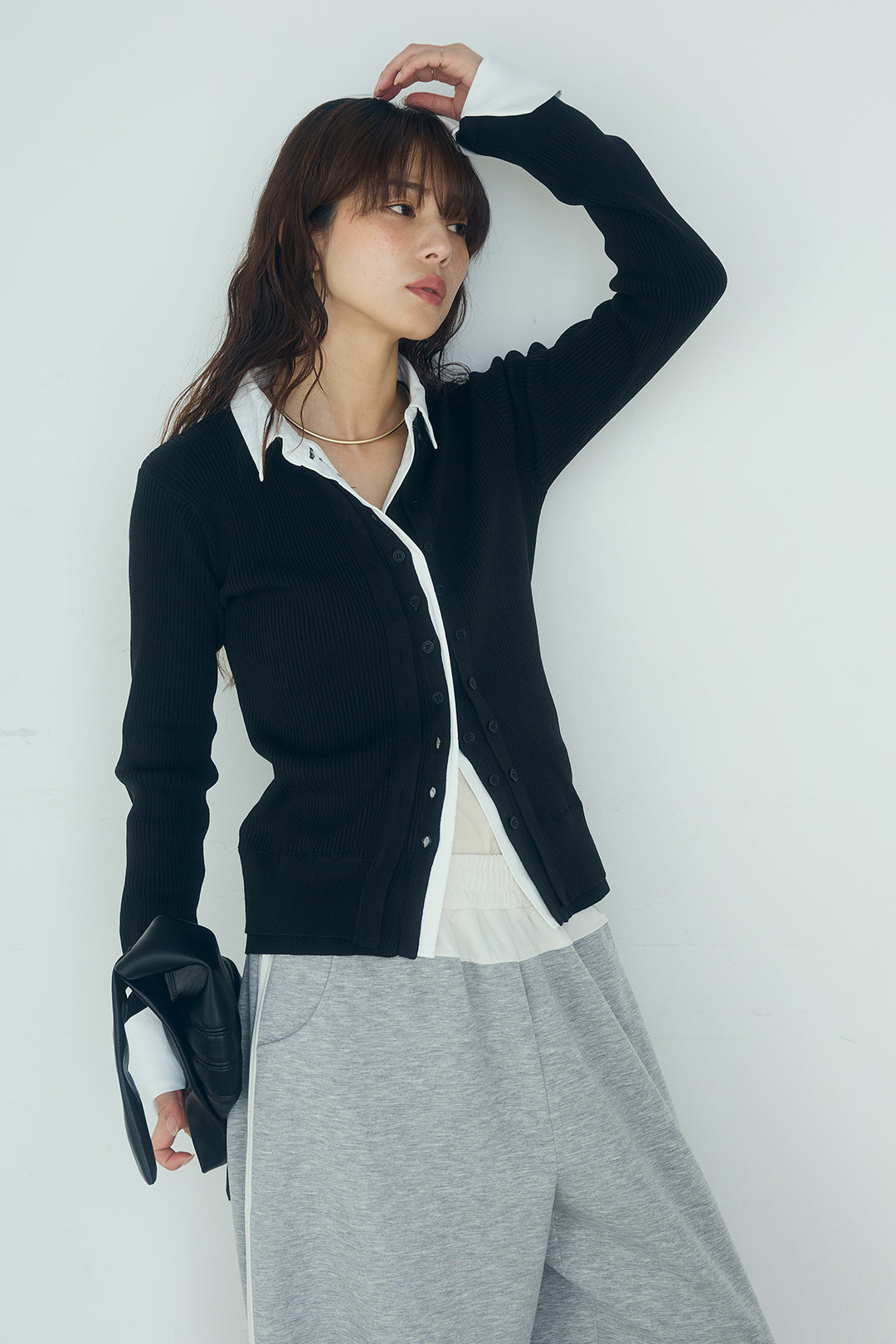 [SET]シャツドッキングボタンニットカーディガン+異素材切り替えスウェットパンツ(2set)