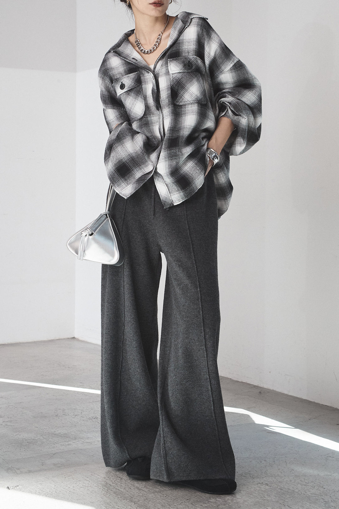 [SET]オンブレーチェックビッグシルエットCPOシャツ+センターラインニットパンツ(2set)