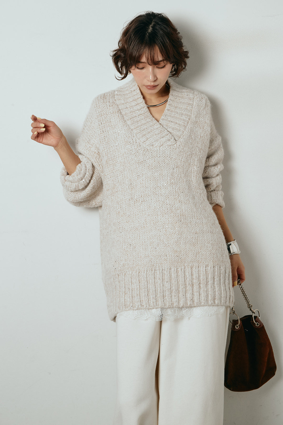 [SET]Vネックラメニットトップス+裏起毛スウェットワイドパンツ(2set)