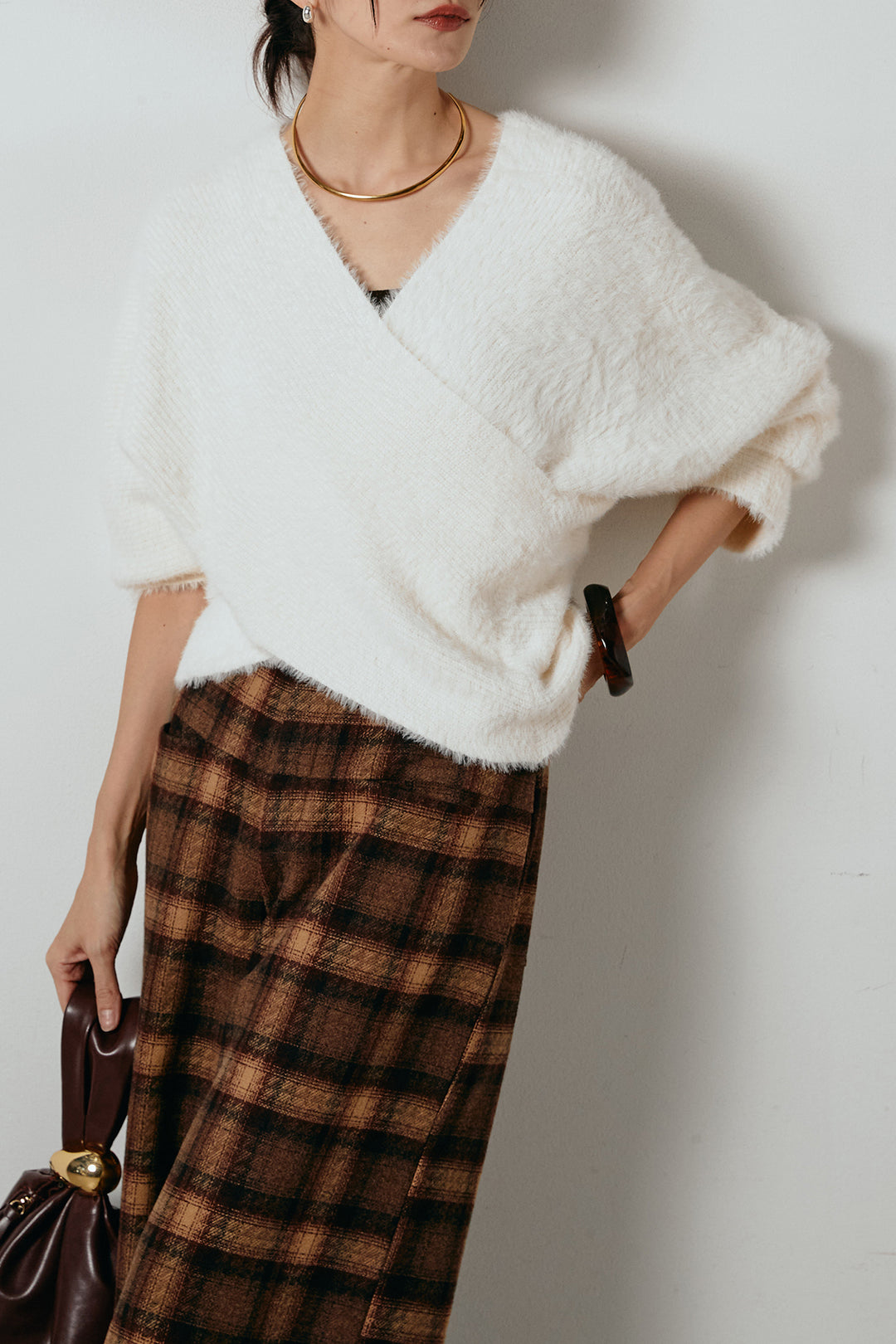 [SET]シャギーカシュクールニットトップス+ルーズタータンチェックワイドパンツ(2set)