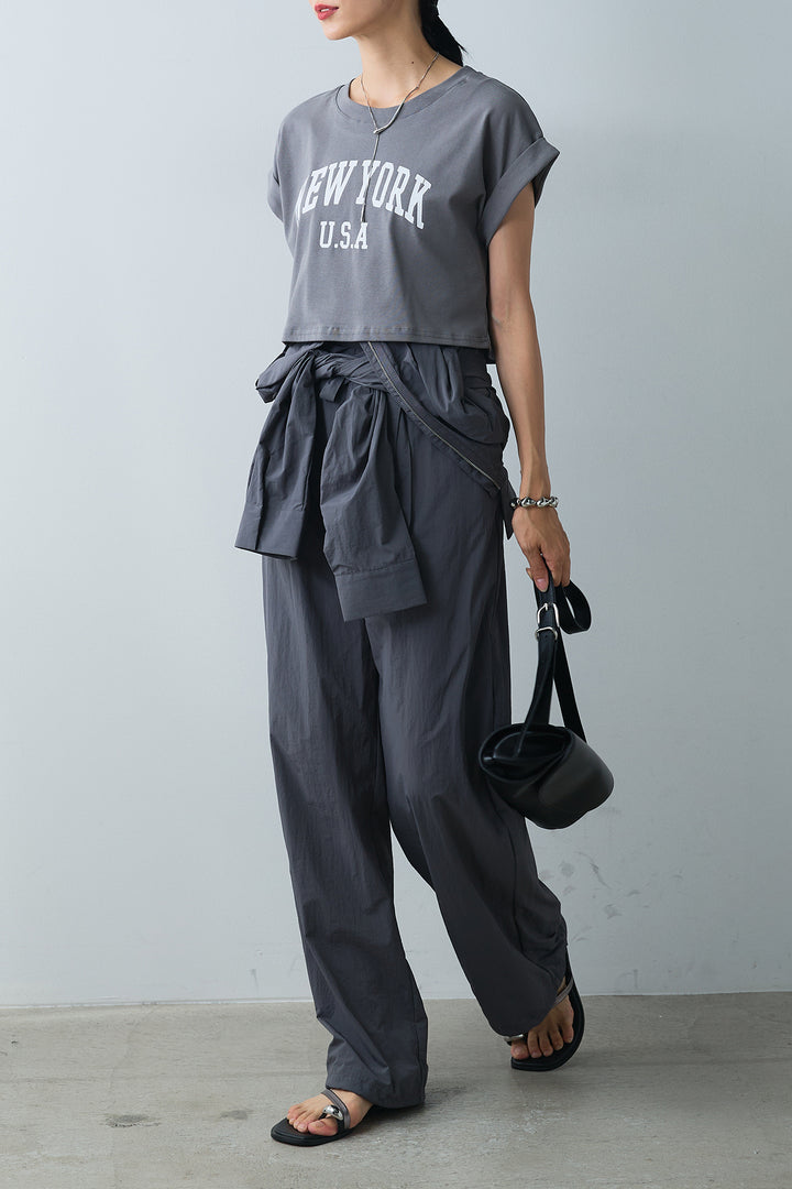 [SET]ショート丈NEWYORKロゴTシャツ+合繊ジャンプスーツ(2set)