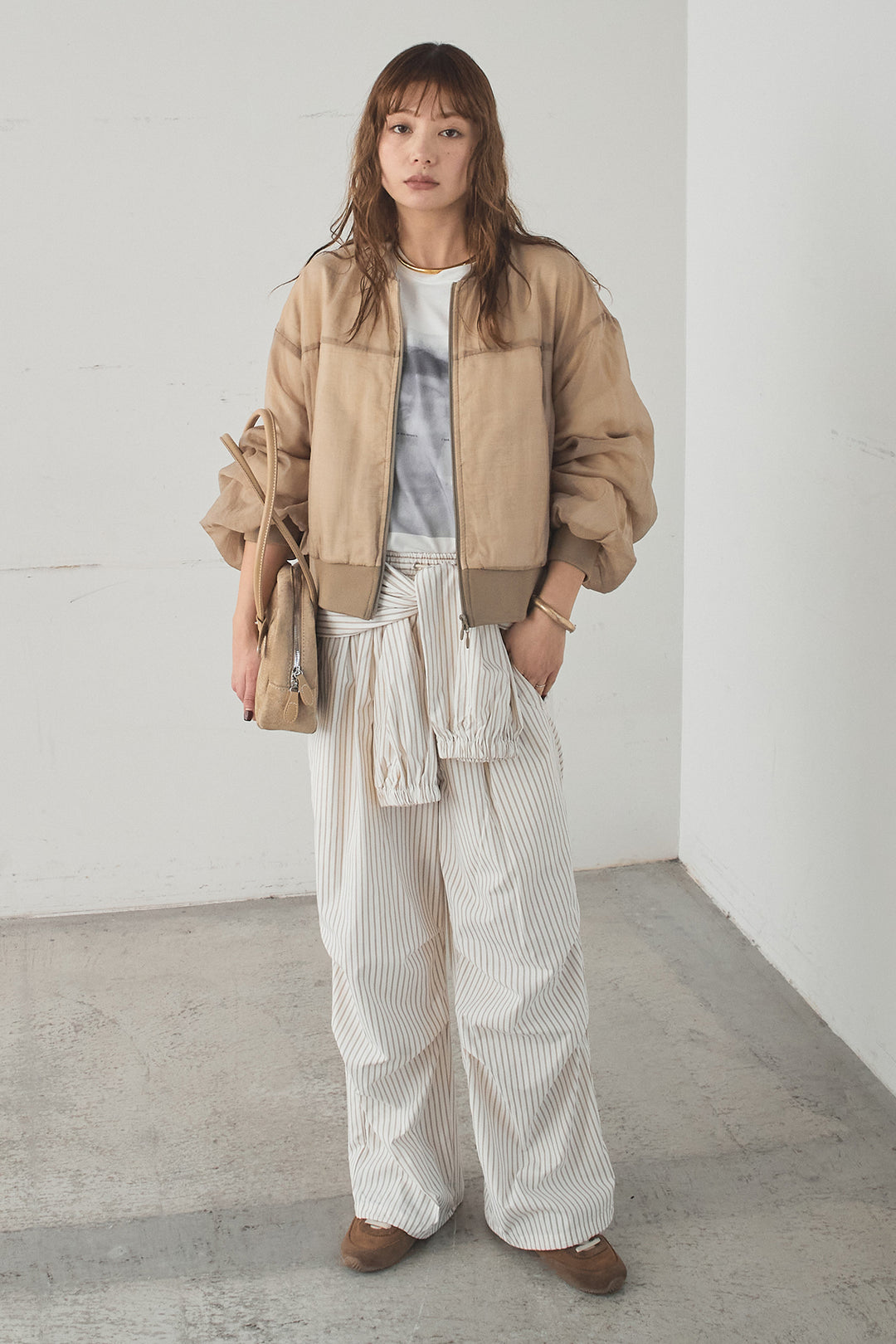 [SET]シアー×ポンチブルゾン+ストライプウエスト巻きジョガーパンツ(2set)