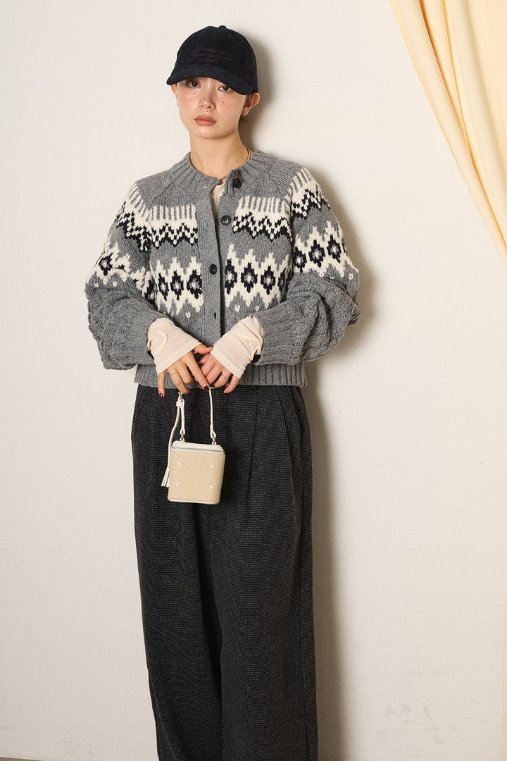[SET]2WAY求心柄ジャガードショートカーディガン+起毛タック入りツイードワイドパンツ(2set)