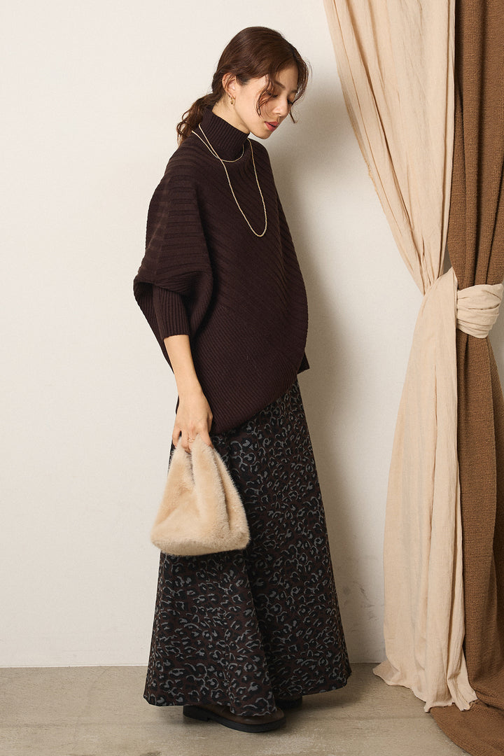 [SET]アシメデザインリブポンチョニットトップス+レオパードロングスカート(2set)