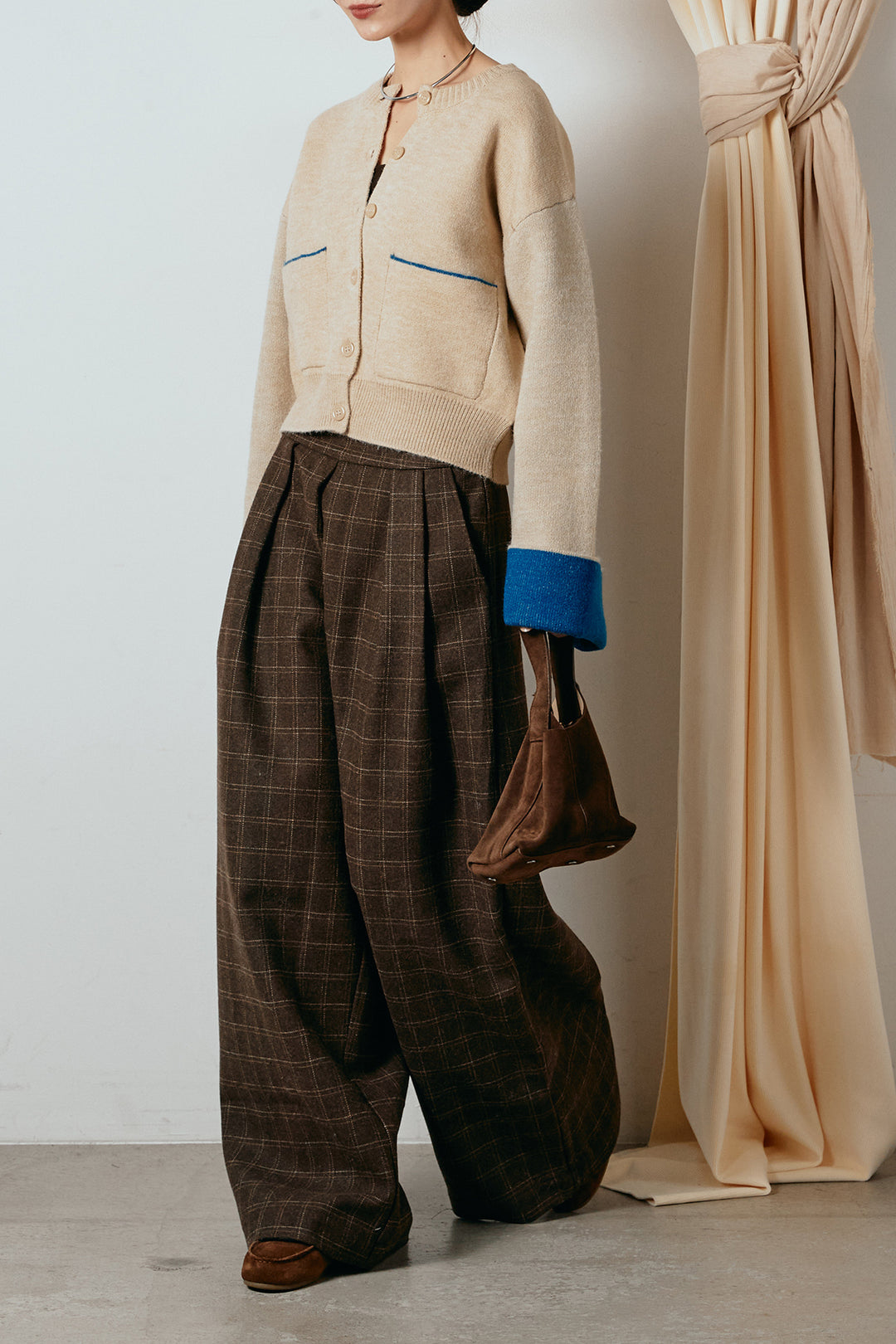 [SET]アルパカタッチダブルフェイスカーディガン+ウールライクチェックタックパンツ(2set)