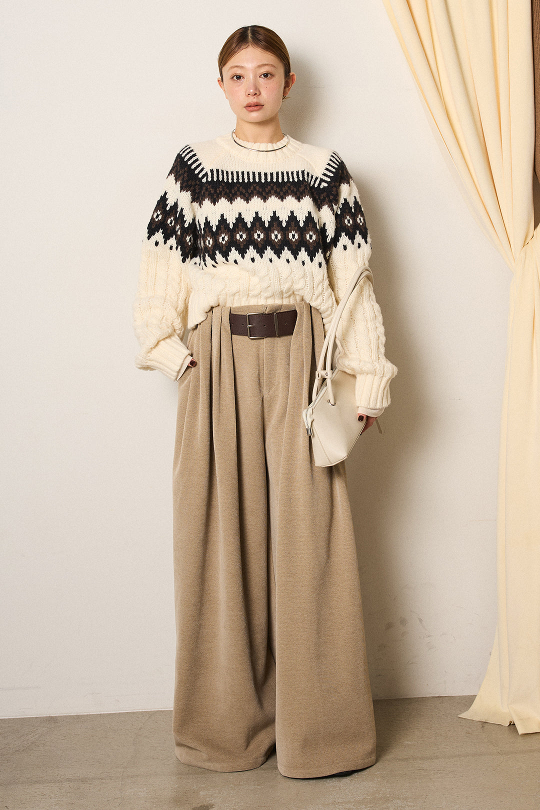 [SET]2WAY求心柄ジャガードショートカーディガン+ベルトループコーデュロイワイドパンツ+2WAY袖コード刺繍クルーネックプルオーバー(3set)