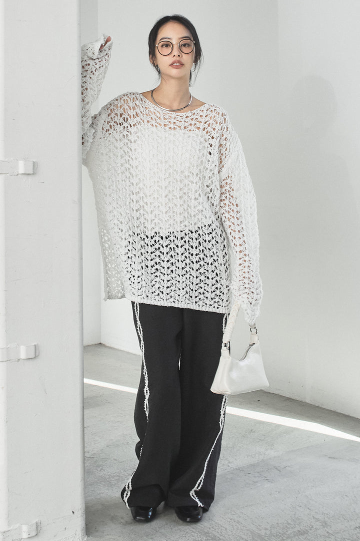 [SET]リラックスメッシュニットトップス+刺繡テープラインパンツ(2set)