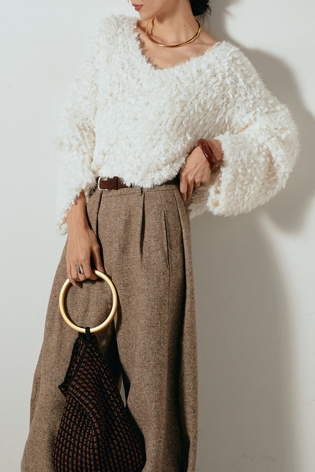 [SET]深Vネックチョウチョヤーンニットトップス+ベルト付きネップツイードカーブパンツ(2set)