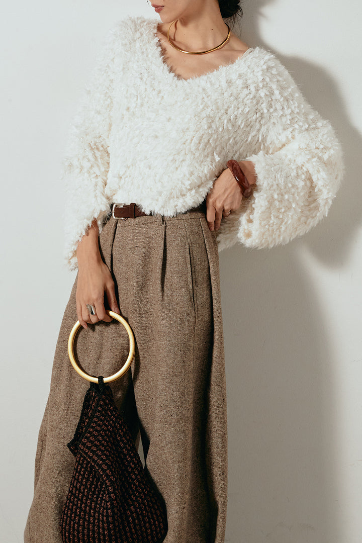 [SET]深Vネックチョウチョヤーンニットトップス+ベルト付きネップツイードカーブパンツ(2set)