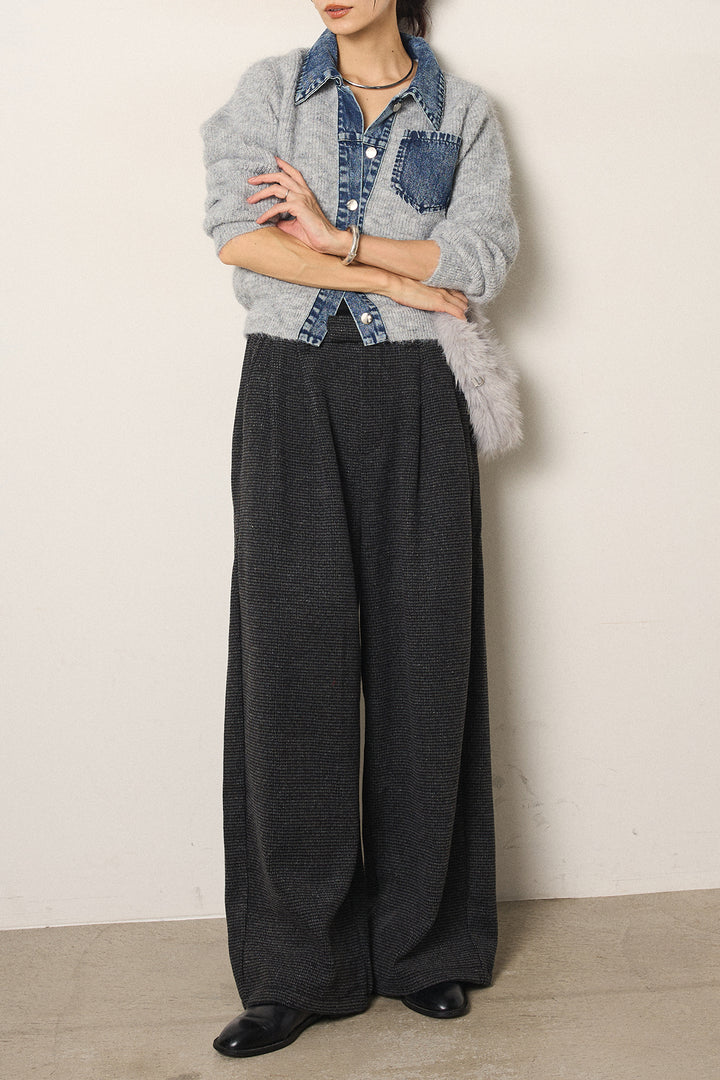[SET]襟付きデニム切替ニットカーディガン+起毛タック入りツイードワイドパンツ(2set)