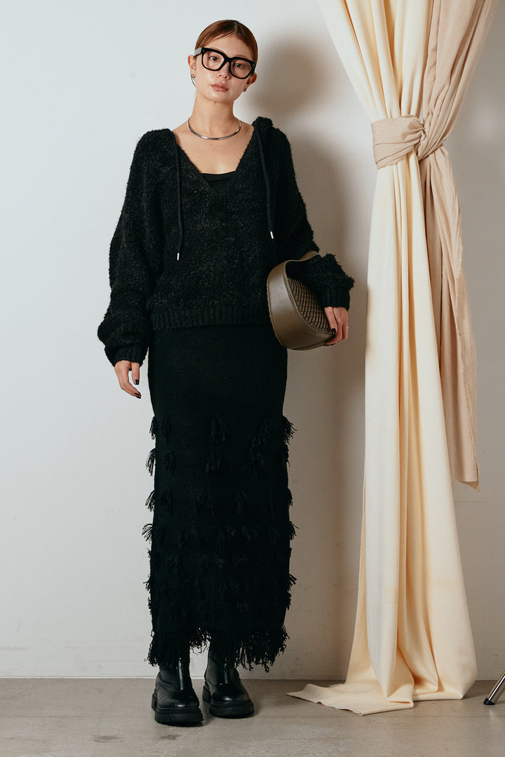 [SET]ブークレキーネックプルオーバー+ポイントフリンジニットナロースカート(2set)