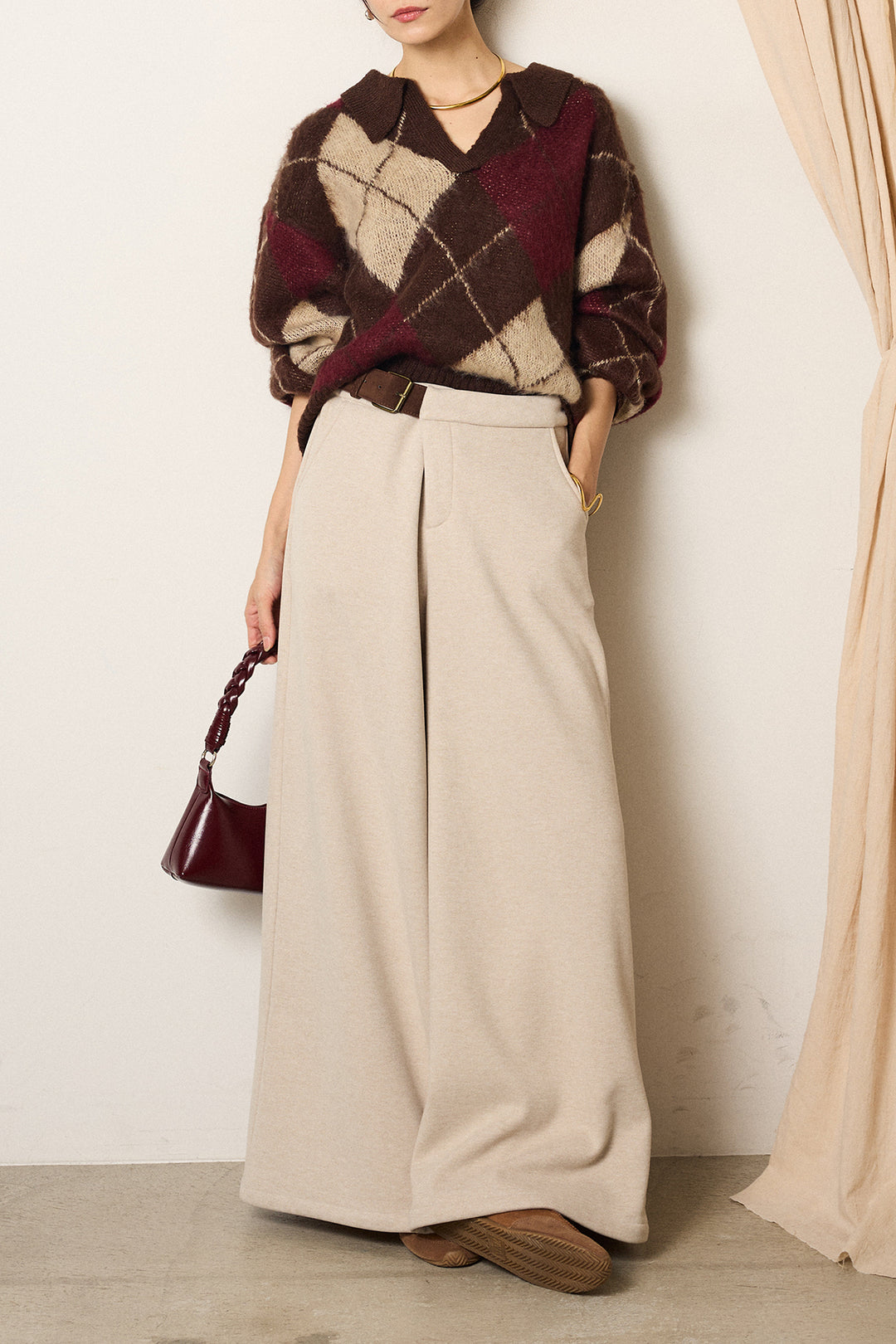 [SET]アクリルモヘアアーガイルキーネックプルオーバー+サイドベルトパンツ(2set)