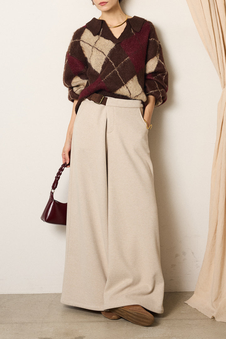 [SET]アクリルモヘアアーガイルキーネックプルオーバー+サイドベルトパンツ(2set)