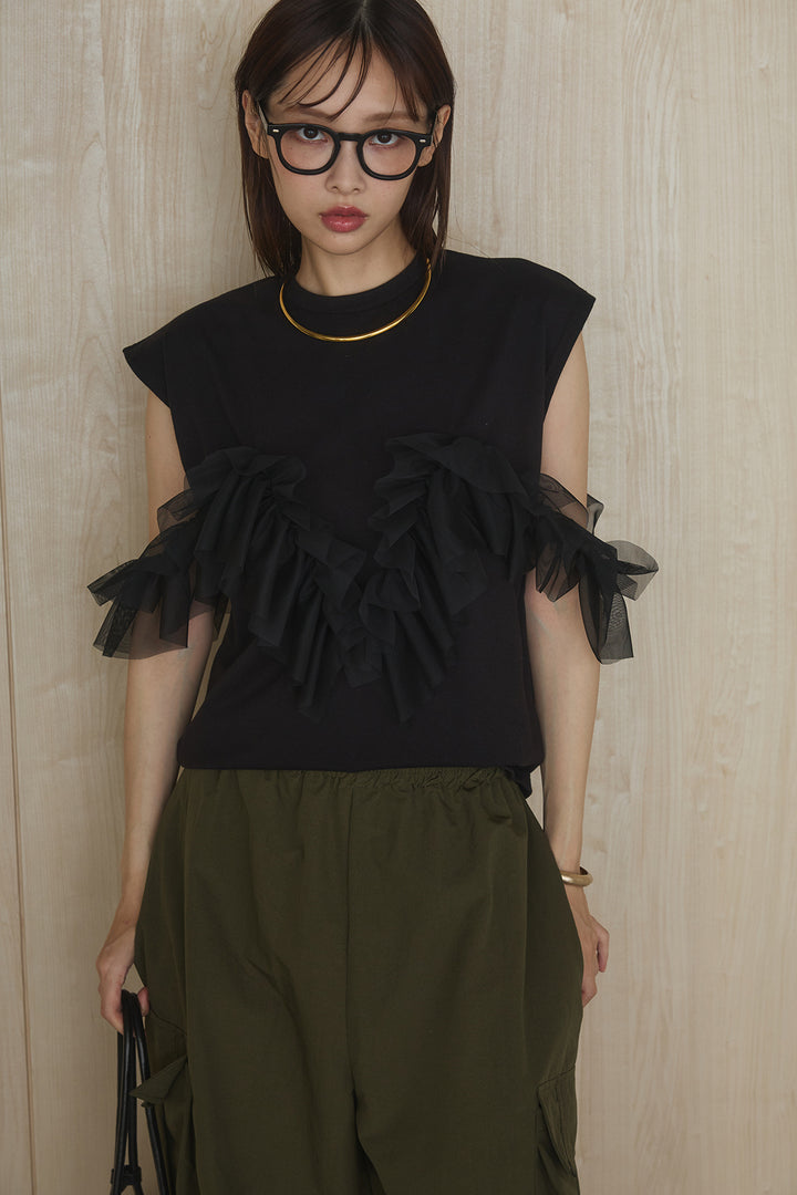[SET]チュールフリルフレンチTシャツ+ルーズカーゴワイドパンツ(2set)