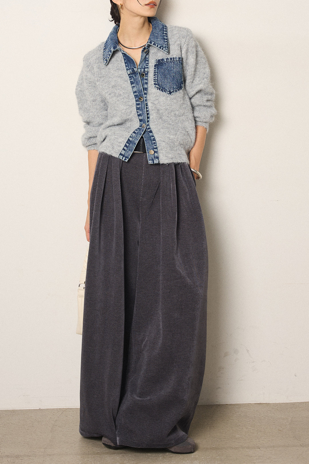 [SET]襟付きデニム切替ニットカーディガン+ベルトループコーデュロイワイドパンツ(2set)