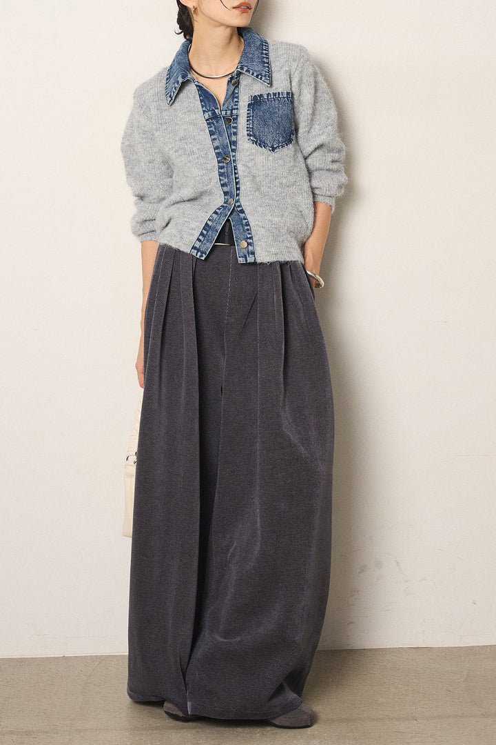 [SET]襟付きデニム切替ニットカーディガン+ベルトループコーデュロイワイドパンツ(2set)