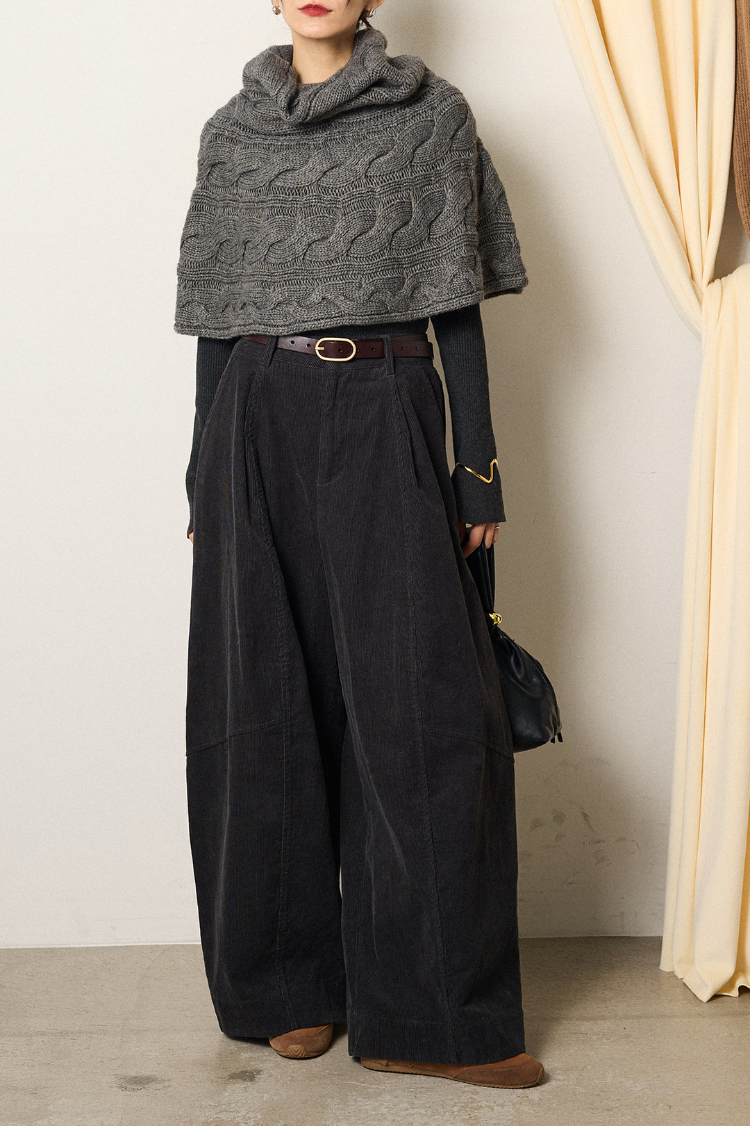 [SET]ケーブル編みケープレイヤードニット+タック入りコーデュロイワイドパンツ(2set)