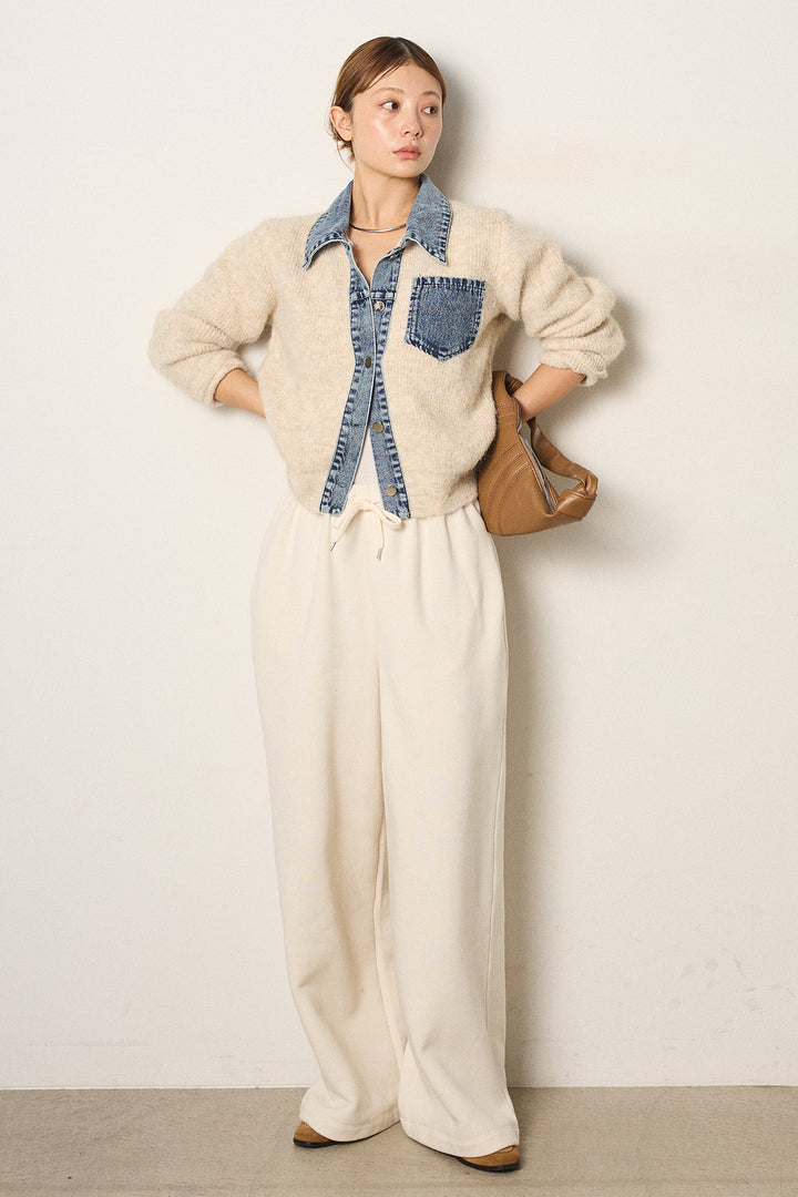 [SET]襟付きデニム切替ニットカーディガン+裏起毛スウェットワイドパンツ(2set)