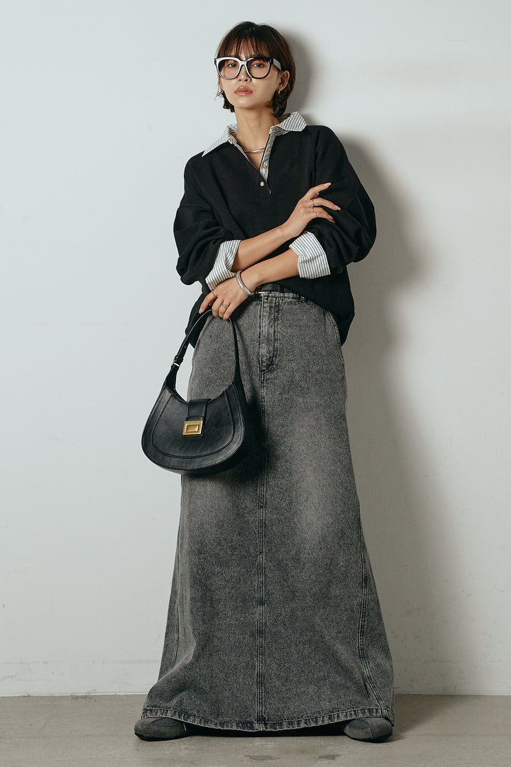 [SET]ストライプシャツドッキングポロトップス+デニムロングフレアスカート(2set)