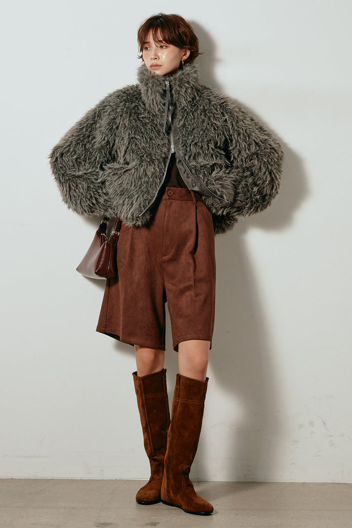 [SET]ミックスシープファースタンドブルゾン+フェイクスウェードハーフパンツ(2set)