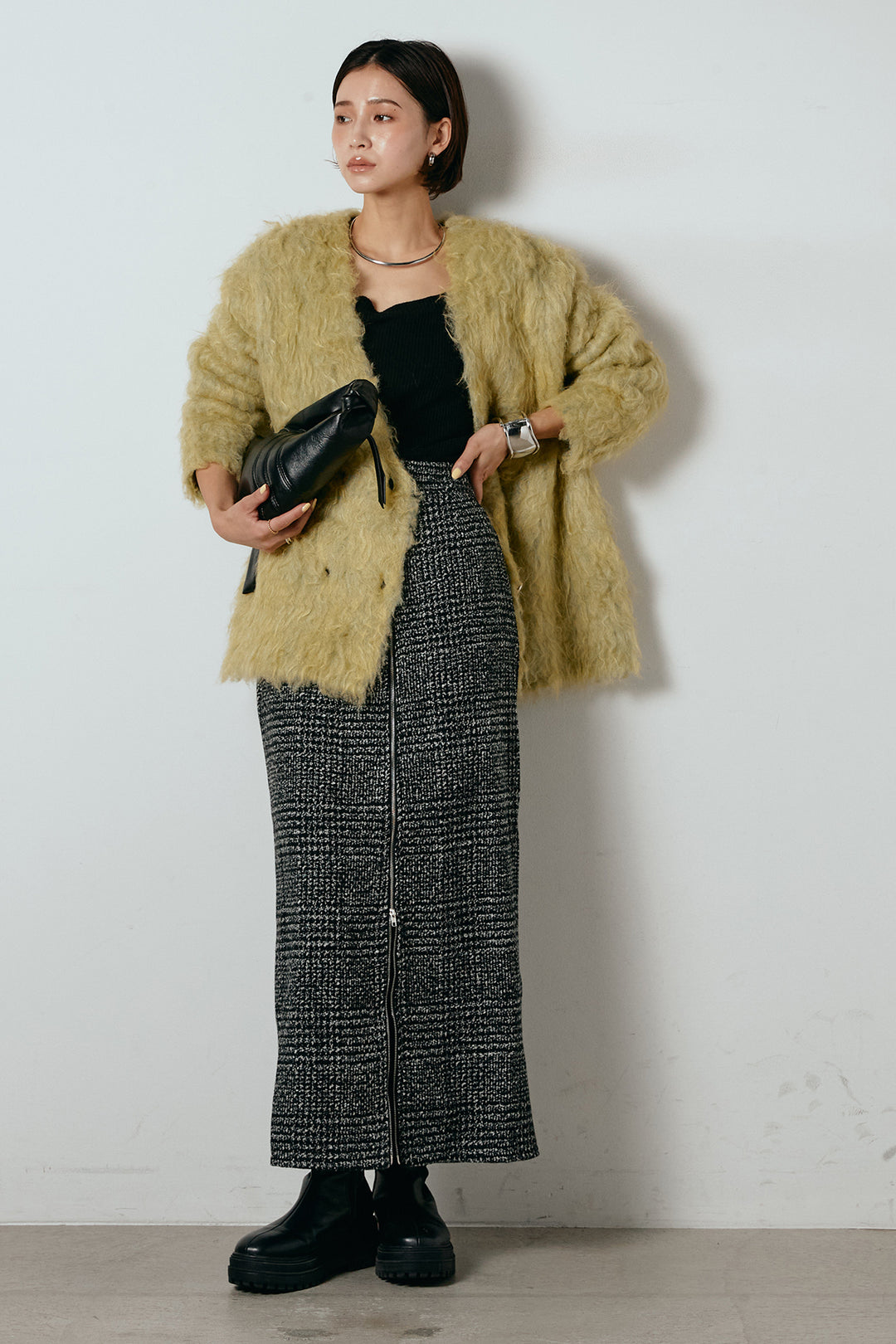 [SET]ウェーブシャギーニットジャケット+グレンチェック柄フロントジップタイトスカート(2set)