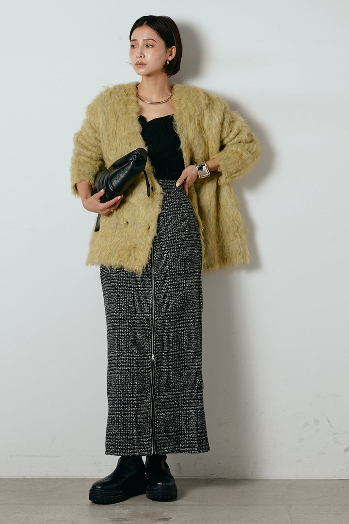 [SET]ウェーブシャギーニットジャケット+グレンチェック柄フロントジップタイトスカート(2set)